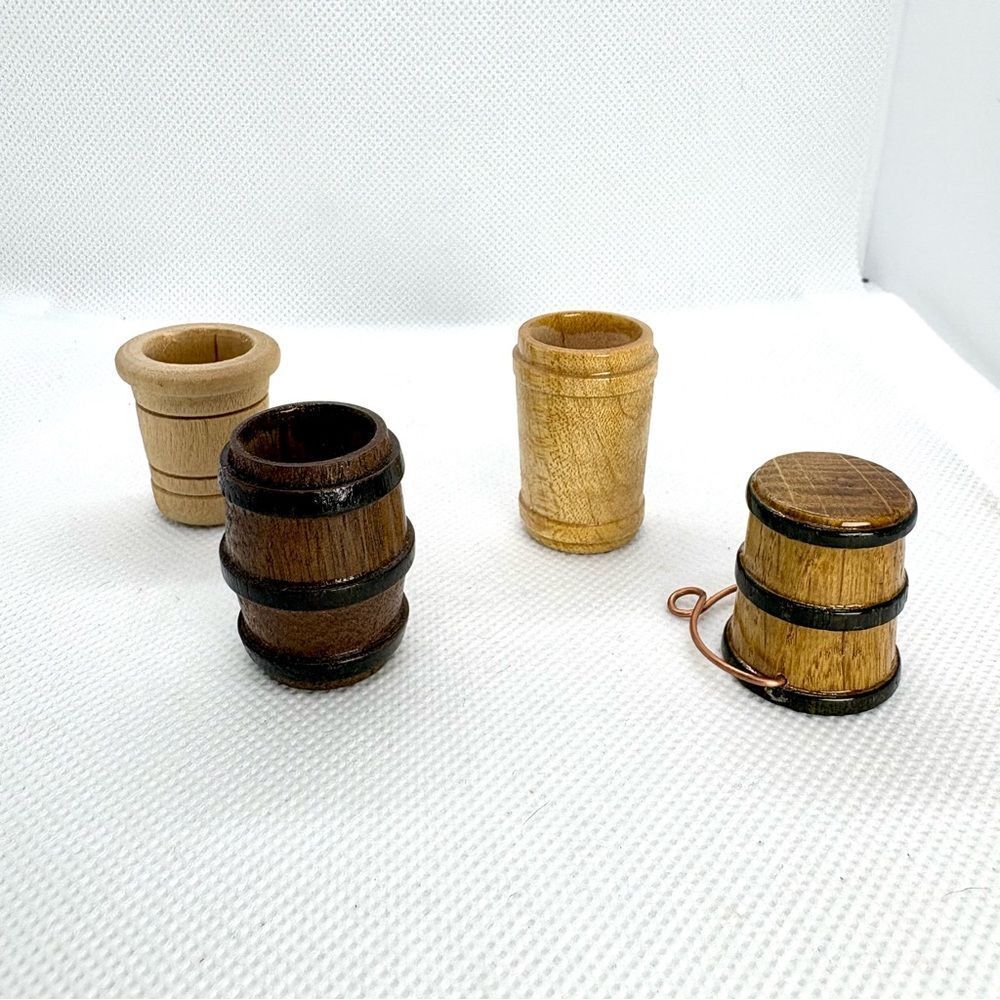 Vintage Miniature Turned Wooden Barrels & Bucket Lot Rustic Farmhouse Dollhouse